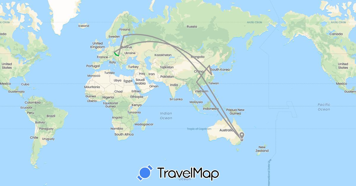 TravelMap itinerary: driving, bus, plane in Austria, Australia, China, Czech Republic, Finland, Hungary (Asia, Europe, Oceania)
